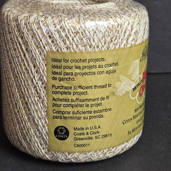 J&P Coats Metallic Knit-Cro-Sheen Thread White Gold 100 Yards Mercerized Cotton - Picture 2 of 5